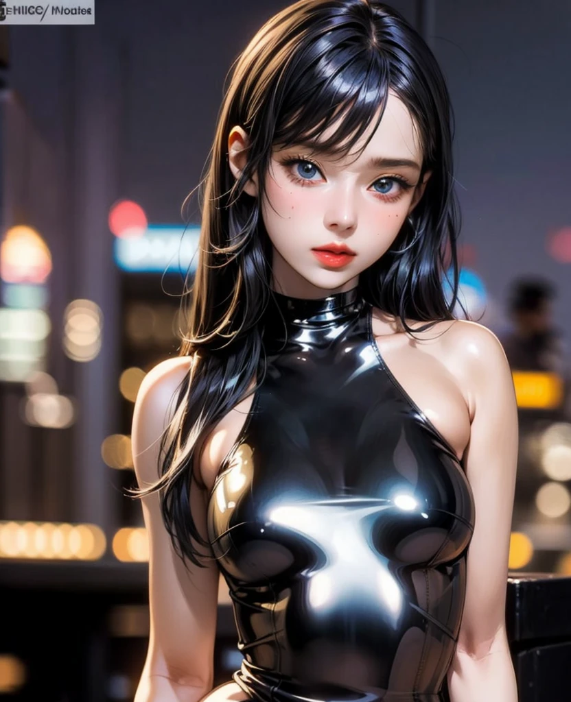 Beautiful woman、A face with glamorous eyeshadow and makeup、Nice body、Big Tits、Earrings、Sexy pose、shirt、Black vinyl micro mini skirt、Panties in full view、Nightclub、Neon Light、Shiny skin、Sweaty body、From the thigh up