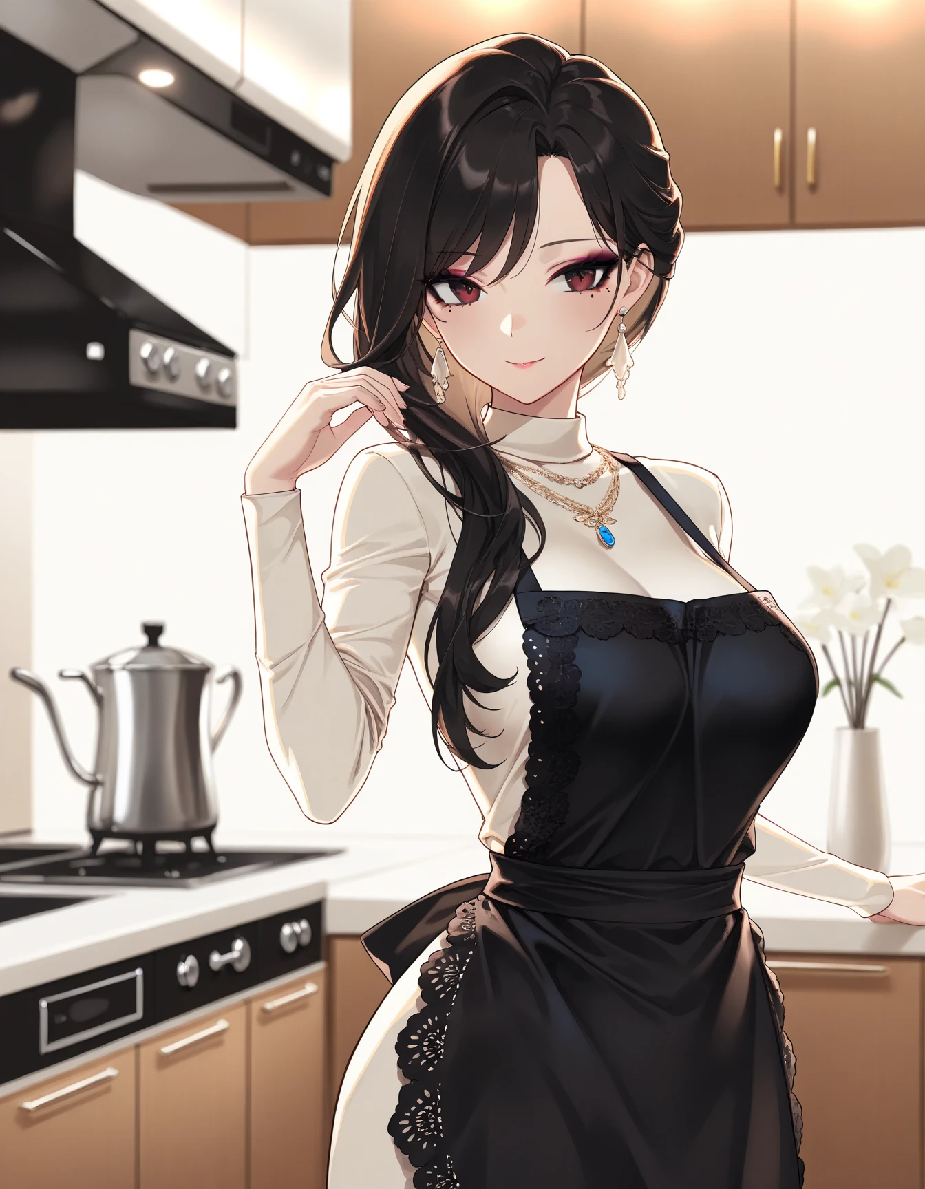 Woman in sexy outfit kissing man。looking at the camera。One leg raised。Kitchen room。Upper body zoom。