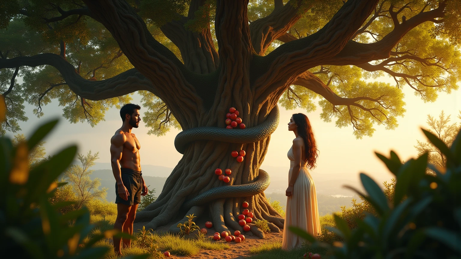 Adam and Eve in the Garden of Eden, cercado por animais, extremamente detalhado 8K