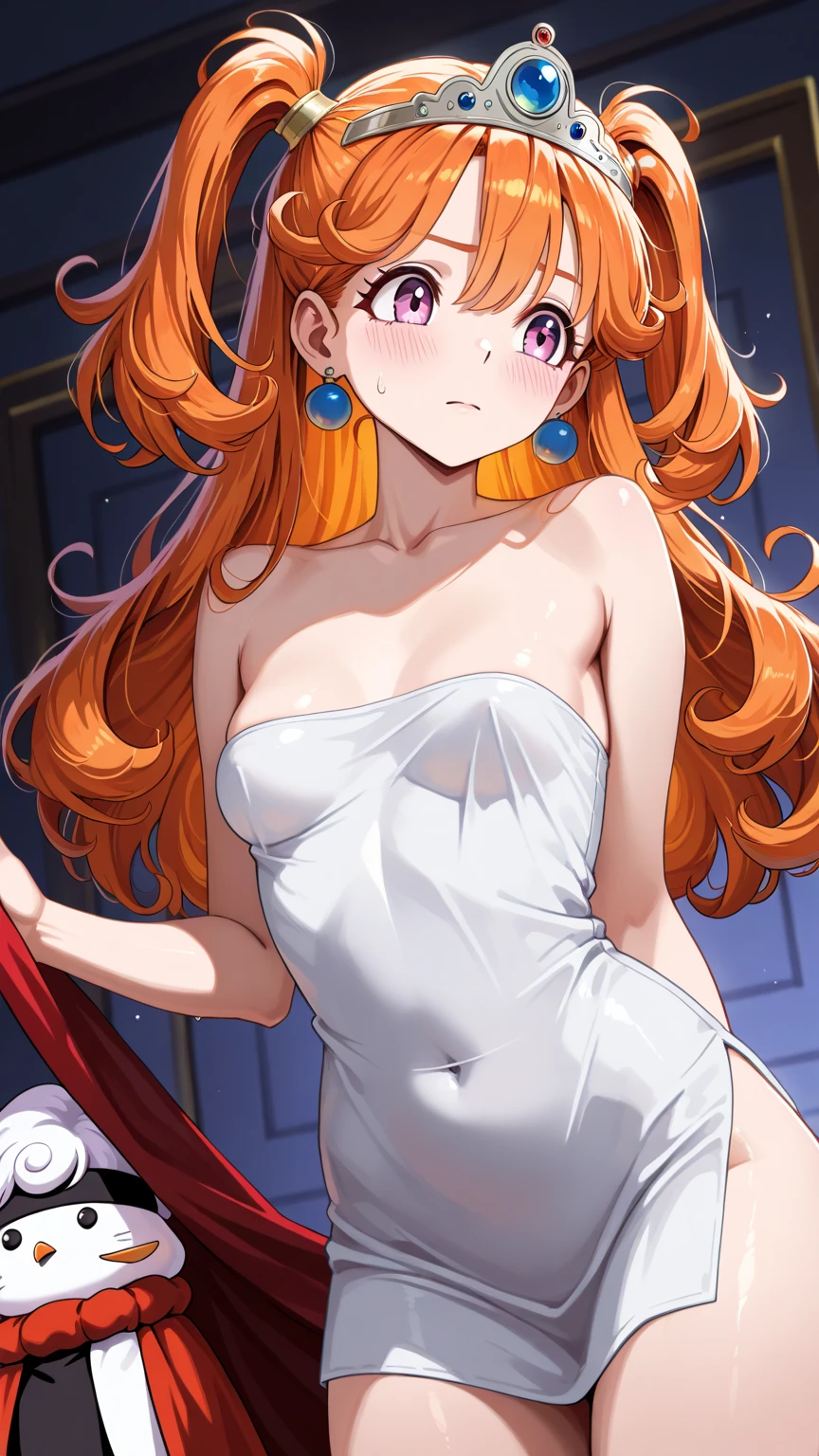 masterpiece, best quality, ultra-detailed, 1girl (namiop, Big and pretty breasts, orange hair, long hair, brown eyes, empty eye), blank face, parted lips, hypnosis, solo, facing viewer, looking at viewer, see-through nightgown, wanostyle, night time, in the bedroom, standing,