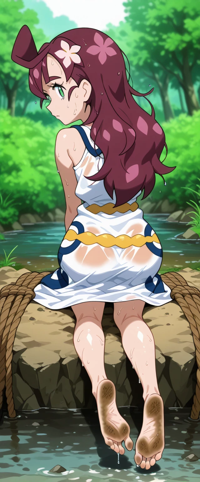 (detailed background), (masterpiece), (4k), (best quality), tan skinned anime girl, dressed in a cute bikini top and flowy skirt, curled up in a peaceful slumber on a grassy hill, her hand pressed against her stomach in discomfort. sweating, sweat beads all over her body