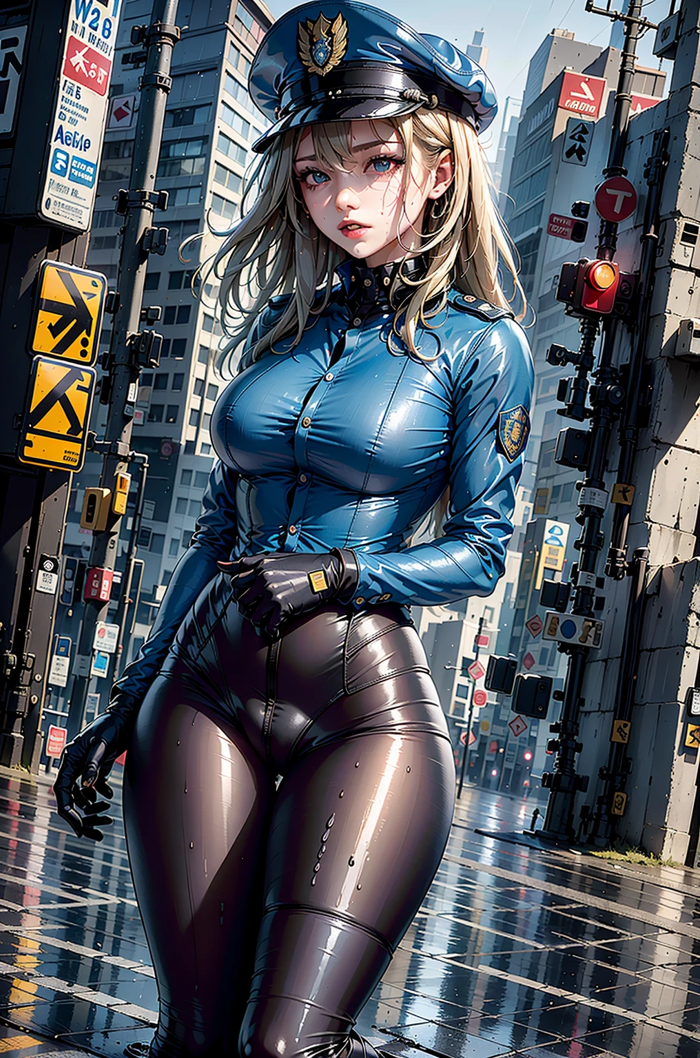 woman,14 years old,,city,night,(((white and blue tight miniskirt bodysuit))),,open mouth smile((See-through))(((glasses))),((beautiful long ponytail)),(()),blush、surprised face,((())),((blonde))(((On the way to changing clothes)))(((While taking off my clothes)))