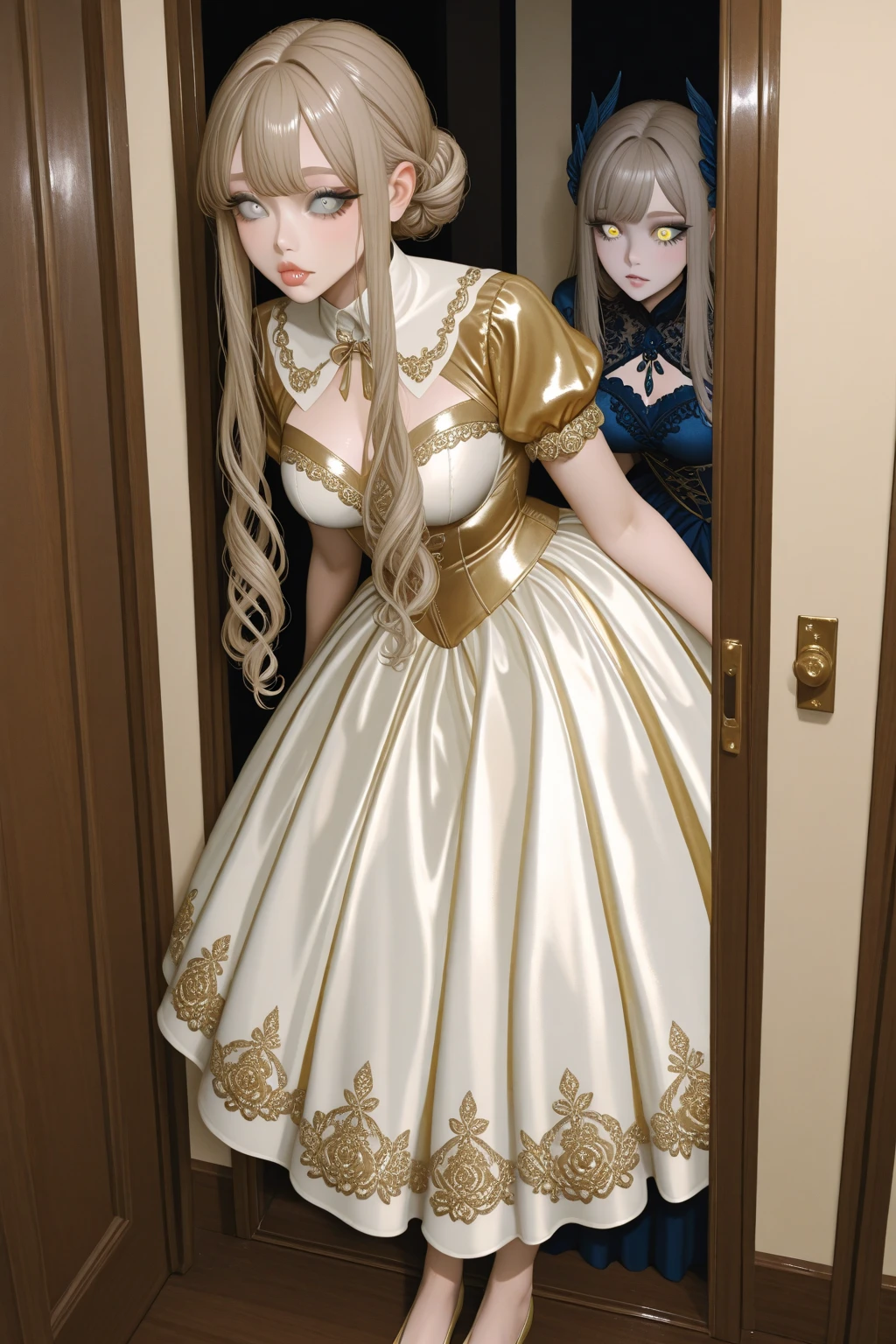 Clean and defined gowns, super colorful, haute couture style in vintage anime of the 90s with surrealist style of Akira, detailed lines in anime art style, excellent lighting and shadows to highlight the details of the outfit.