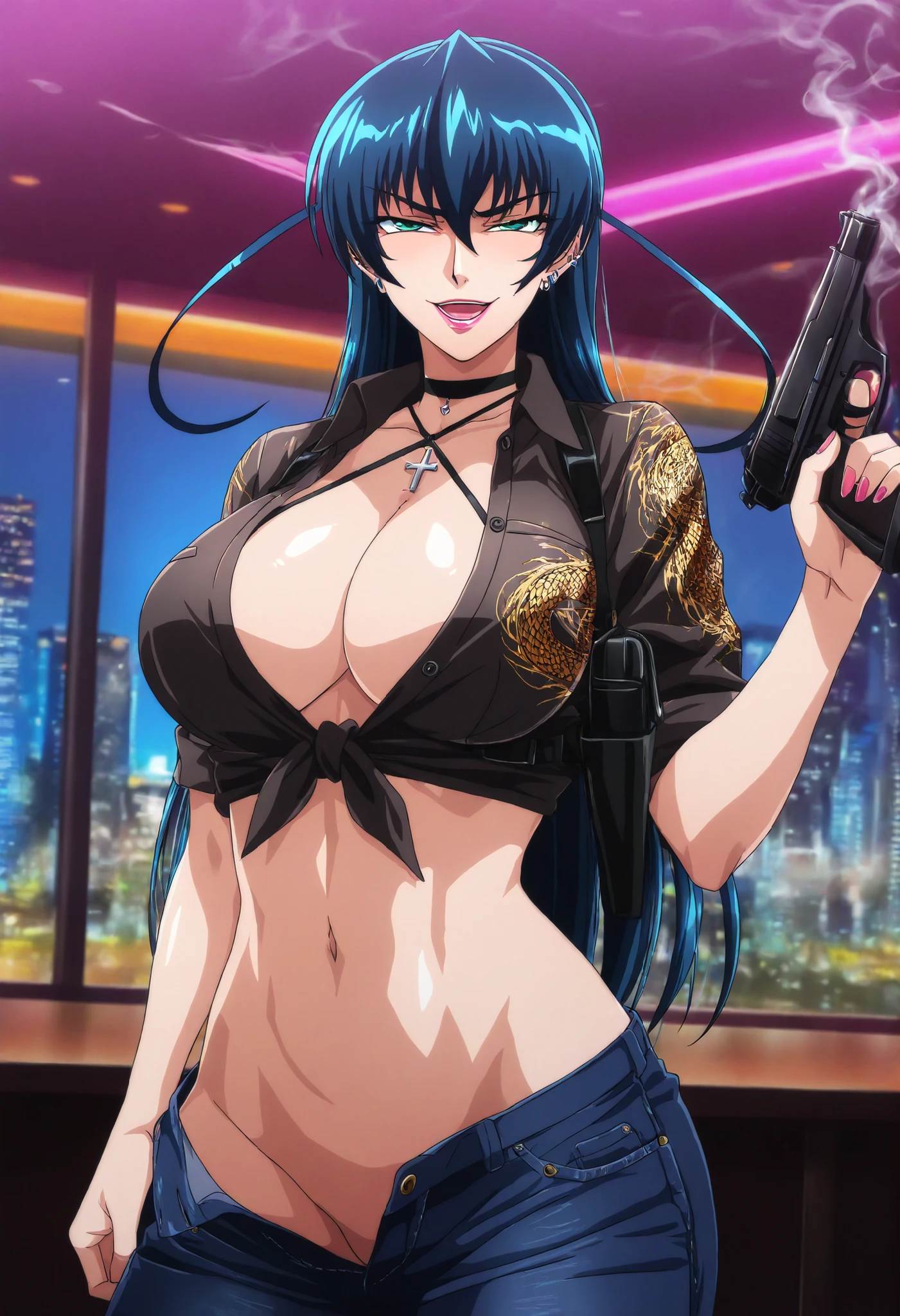 masterpiece, high quality, best quality, shaded, shadow, cinematic, epic,
1girl, Igawa Asagi, standing, 
looking at viewer,
long hair, hair between eyes, black hair, blue hair, green eyes,, curvy,
ear piercing, long hair, , lipstick,Hot girl, baddie, smoking, sensual, attractive , choker, ,cross necklace, shoulder holster,, ,bar background, inside bar,indoors, cityscape, casino, nightclub, city lights,pull_down jeans(show off panties,:1.2, no panties),masterpiece,high
quality,4k,belly,,holding pistol,cleavage, tied shirt,,unbuttoned shirt, collared shirt, knot,
smile, open mouth, (nsfw) not safe for work, evil expression,belly, exposed navel, exposed
midriff, exposed lower belly,dragon print jacket, unbuttoned jeans , low rise black jeans,
Low rise jeans with open fly, , criss-cross halter with center opening, shoulder holster,, medium breast ,looking at viewer , dragon tattoo on waist, narrowed eyes, tattoo on waist, anipai_style , anime screencap , anime coloring, v-shape eyebrows,,,