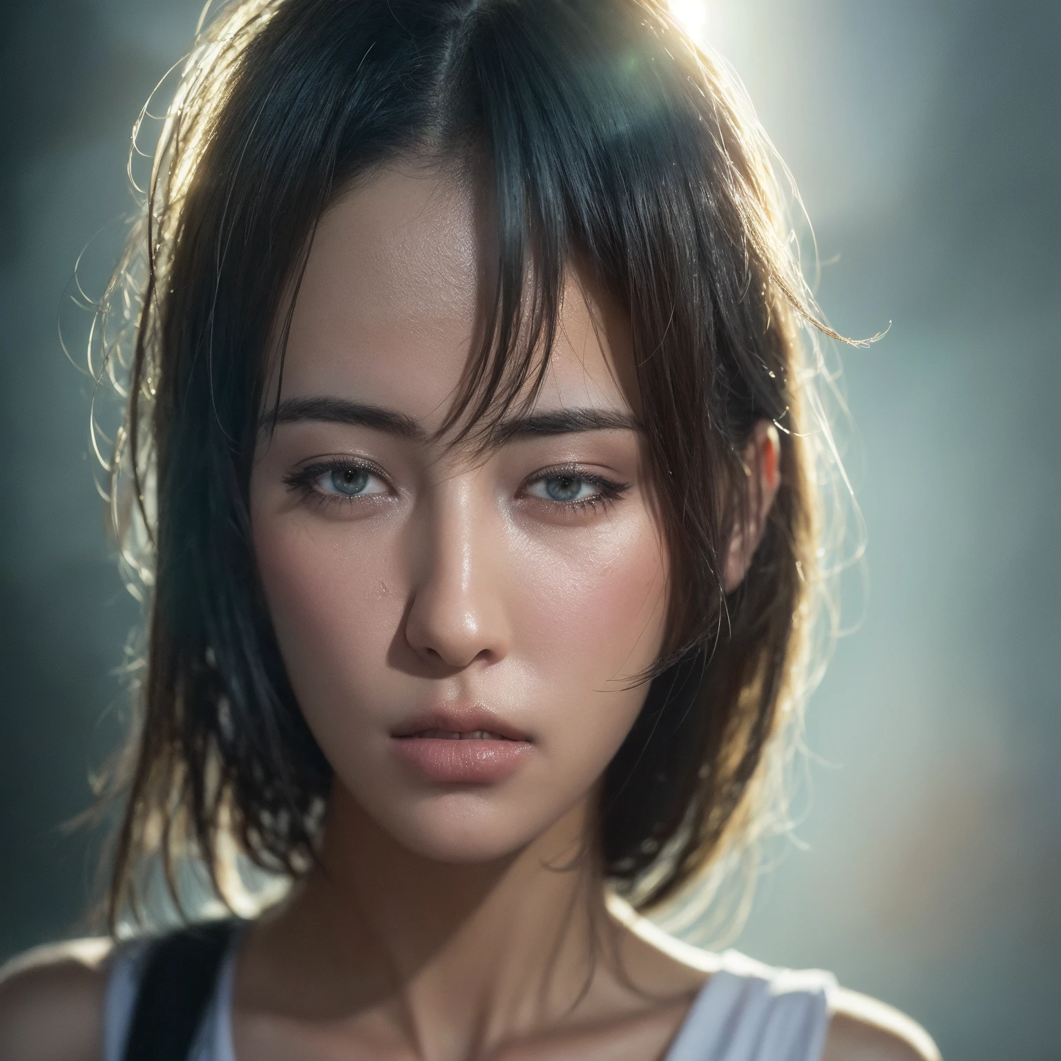 A woman, thirty two years old, with soulless brown eyes and short hair brown, with military uniform, small nose and perfect lip. she have a soldier and war background, run makeup, perfect brown eyes