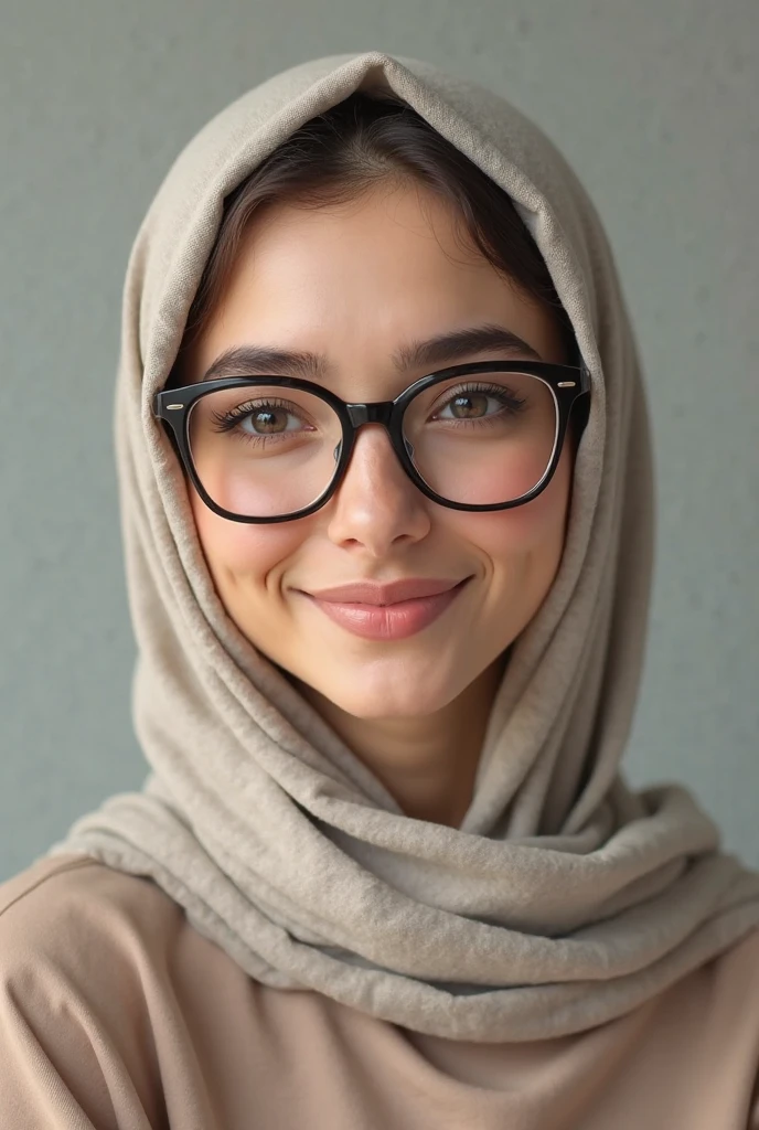 model woman wearing hijab, lipstick, and glasses smiling to camera; 4k; high quality