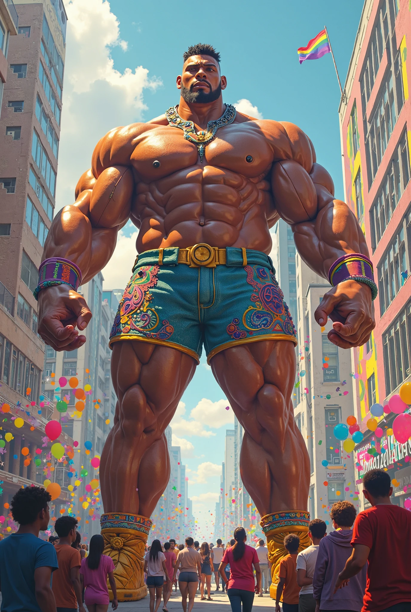 There is only one handsome Chinese man in the photo,35 years old,tall, Fitness,Smooth body,Smooth skin,No chest hair,short hair, O-Shaped Beard,Perfect body, Dark skin color,Radiant Skin,Smooth skin,Shiny, shiny skin,Smooth pectoral muscles,Muscle bulge, muscular, Very large pectoral muscles,Very sexy abdominal muscles,Very well-developed leg muscles,Huge concave and convex area,Brightens oily skin,Wearing a shiny gold leather thong,Handsome face,Normal human toes,Correct and accurate male body proportions,Gold Collar,Gold bracelet,Gold anklets,Stand among the flowers,The background is full of flowers。