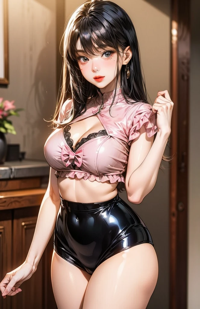 masterpiece, anime screencap, anime style,MAKOTO SHINKAI,Upper Body View,Frontal View,
ilulu, 1girl, breasts, horns, huge breasts, apron, solo, shiny, shiny skin, dragon horns, thighhighs, panties, shiny hair, long hair, underwear, dragon girl, black panties, slit pupils, black apron, pointy ears, nearly naked apron, black thighhighs, indoors, blush, red eyes, pink hair, from above, thighs, looking at viewer, looking at viewer, skindentation, cleavage, standing, bangs, sideboob, twintails, multicolored hair, thick thighs, shop
