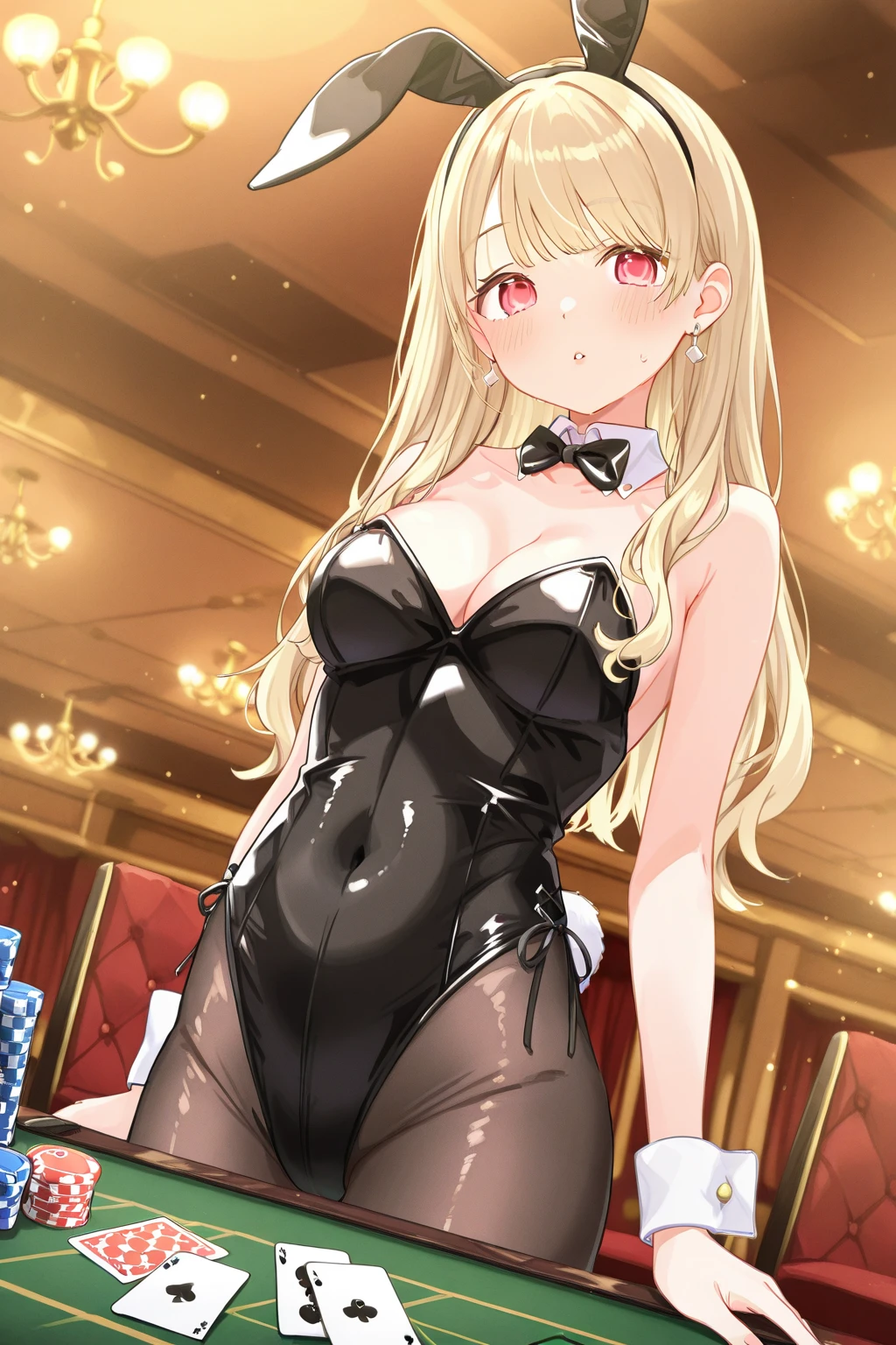 Girl having sex with boy(Having her breasts massaged),masterpiece, Highest quality, High resolution, HS1, Red eyes, Yellow Eyes, Side Ponytail, x Hair accessories,Pink is good,Hair Ribbon,Black Playboy Bunny, hair band, Bunny ears,Fishnet tights,casino,True Face,