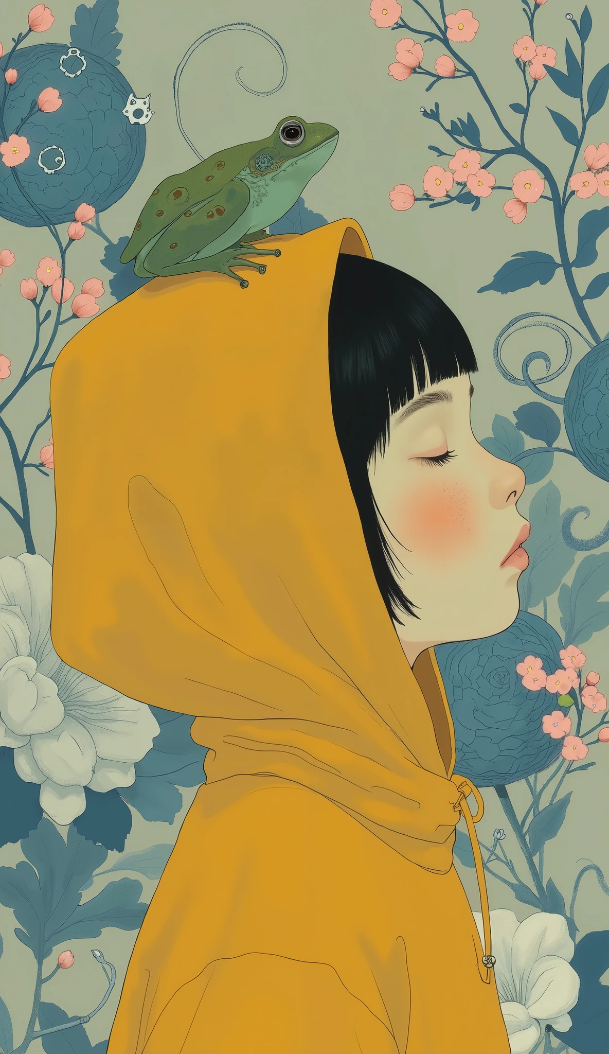 Illustration. The woman is wearing a colorful abstract patterned outfit, and her graceful gestures create a unique and fascinating visual. A large light blue frog with red eyes is perched on the woman's shoulder. Soft balanced lighting, frog and outfit. The overall tone is introspective and surreal. Visualization of the inner world of madness, detailed details, hidden details, radical anime, mix of psychedelic and pop, hand-drawn drawing style illustration, pop art, full color illustration, cute detailed artwork, hand-drawn anime style, anatomically accurate. The background is graceful with minimalistic geometric patterns.