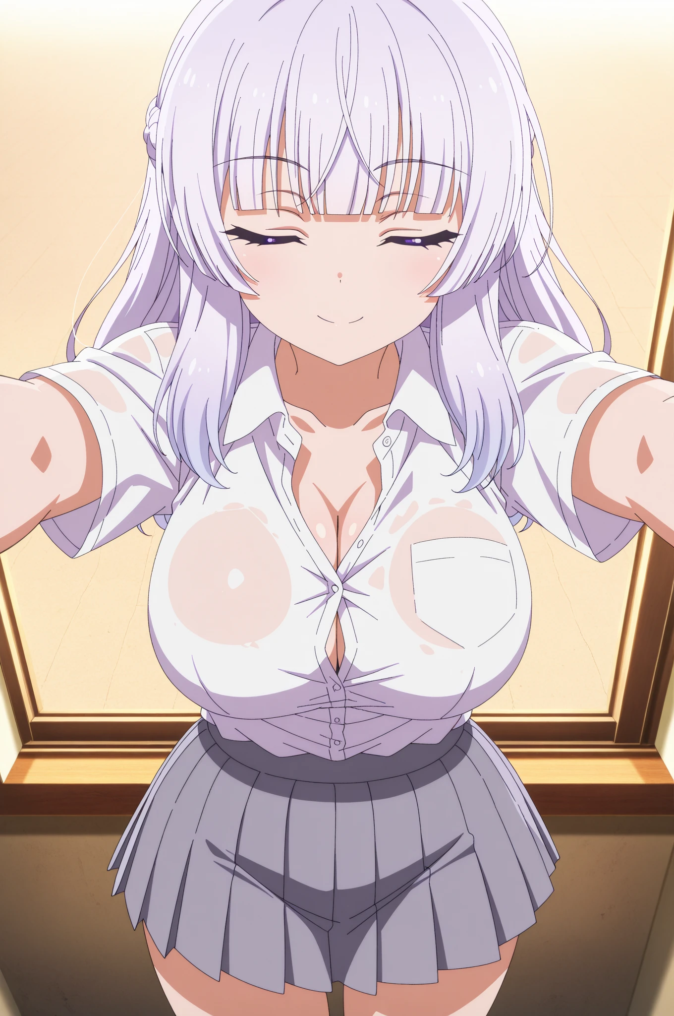emilia, from above, looking up, cute, naked, silver hair, purple eyes, ((cum on face)), ((naked boobs)), sitting, hair flower, classroom, white dress, ((naked breasts))