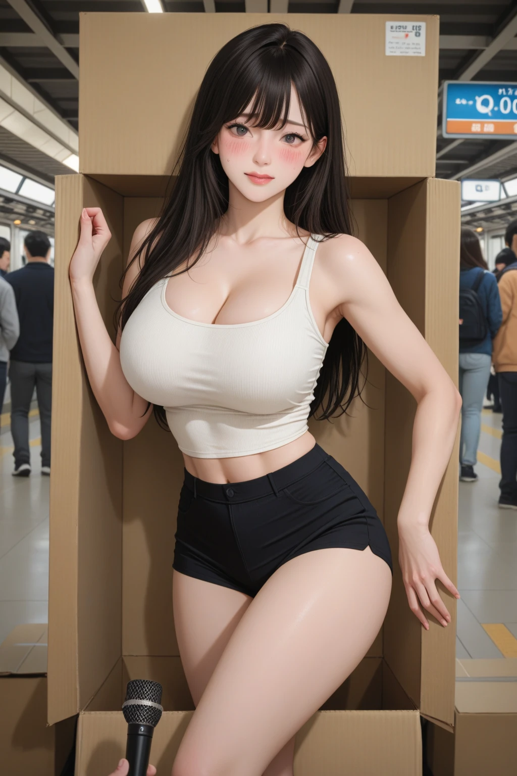 (ultra high definition), (ultra high resolution), (full sharpness), (maximum quality), (Cinematic), (8k), (Asian Girl), ((slim)), (extremely beautiful), (alone), ((full body)), (ultra detailed face), (ultra detailed eyes), (realist eyes), (slim), (perfect body), (delicate hands), (ultra detailed hands), (studio lighting), (front view), (very sexy), (malicious smile), (soft skin), (very insinuating), ((perky butt)), (((wearing shorts and blouse))), ((ultra wide hips)), (ultra thick thighs), ((thin waist)), (very small breasts), (very big ass), (natural skin), (unique), (totally realistic), (very hot), (half naked), (very fat ass), (ultra wide ass), (small pointy nipples), (so sweet), temptation), (very wide pubis), (broad bones), (well lit place), (very round ass), (inside a spaceship), (pearl skin), ((always the same face)), (identical face), (long legs)