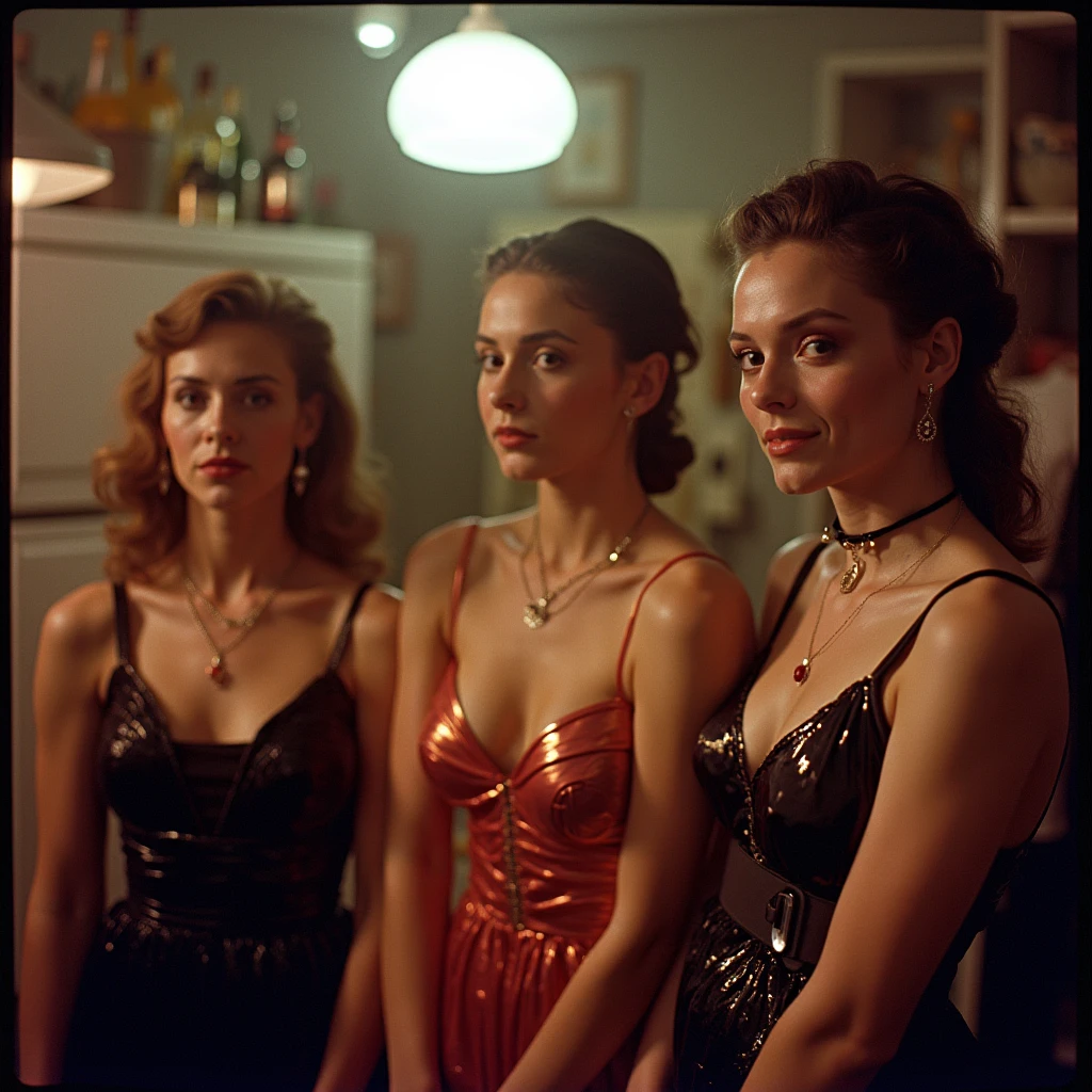 A dramatic, cinematic still from a 1970s movie, set within the opulent yet confined quarters of a Victorian-inspired submarine. The interior boasts ornate wood panels, velvet drapes, and brass fixtures, creating an anachronistic blend of historical grandeur and futuristic intrigue. Two female protagonists, clad in form-fitting silk green wetsuits with matching dark green corsets, stand with determination and poise, their expressions a mix of intensity and restraint. Their arms are entwined around the waist of a third woman, who is similarly attired in a silk red wetsuit with a dark red corset, struggling fervently to break free from their grasp. Her eyes widen with fear and defiance as she attempts to escape, adding a palpable tension to the scene. The contrast of colors between the three figures—green and red against the darker background—highlights the struggle and conflict present in this unexpected underwater tableau. The lighting is dim, casting deep shadows that accentuate the taut muscles and the urgency of their grip, while a soft glow from an unseen source illuminates their faces, revealing the glisten of perspiration and the gleam of their wet hair. The overall atmosphere is one of suspense and submerged tension, hinting at a complex narrative of power, loyalty, and survival unfolding beneath the waves.