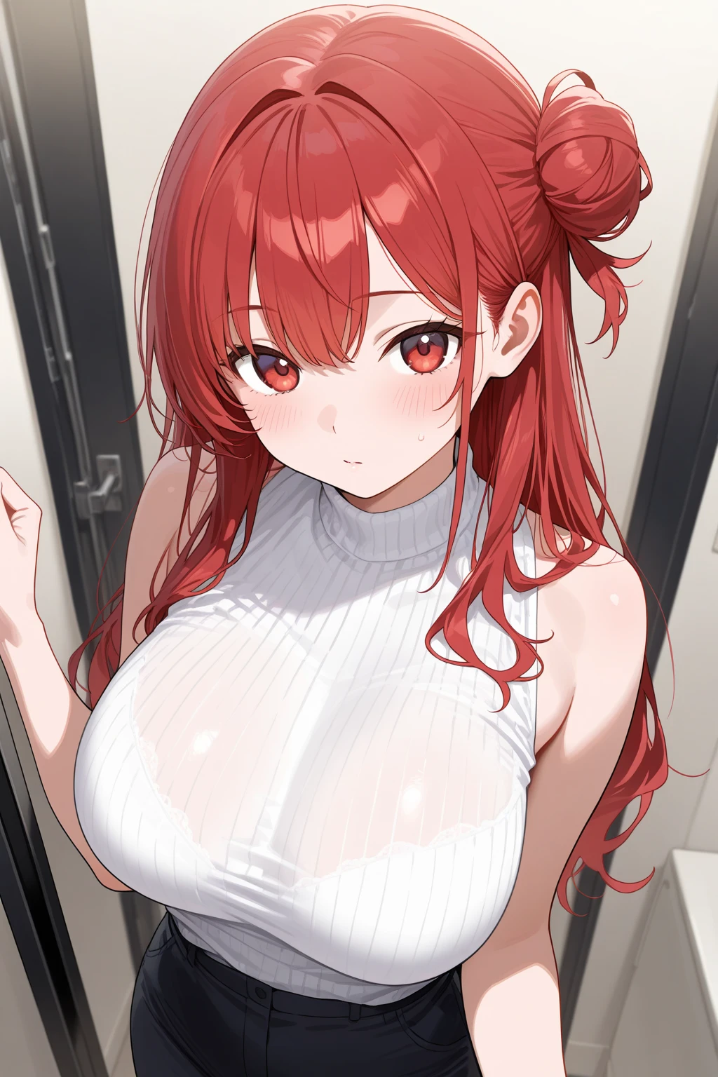 (absurdres:1.2),(masterpiece:1.6),(ultra-detailed:1.4),(High quality:1.4),(best quality:1.4),(beautiful busty breasts:1.3),(beautiful face:1.3),(beautiful woman:1.3),(bright red hair:1.4),medium hair,a mole around the mouth, (sweat:1.1),(aroused:1.2),(embarrassed:1.2),(blush:1),(close-up:1),(cat ear bandage:1.2),white T-shirt