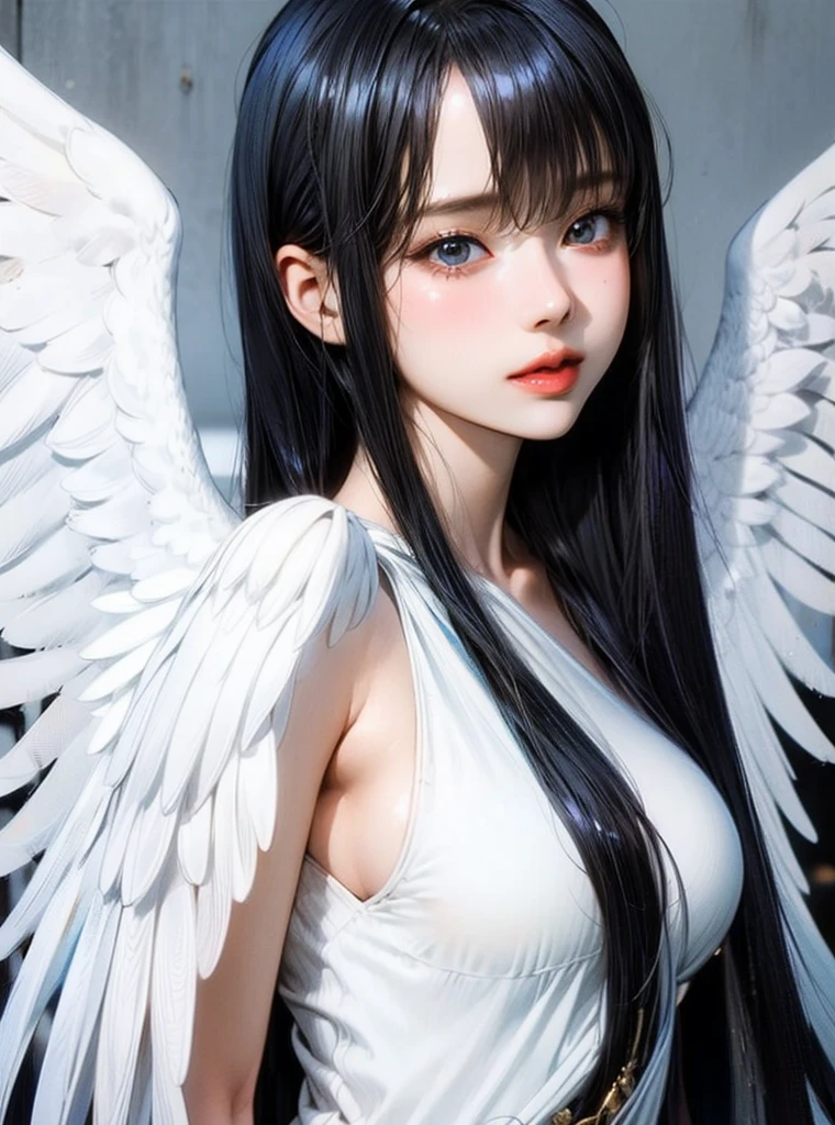 Beautiful young naked angel flying in the sky、Long black hair、bangs