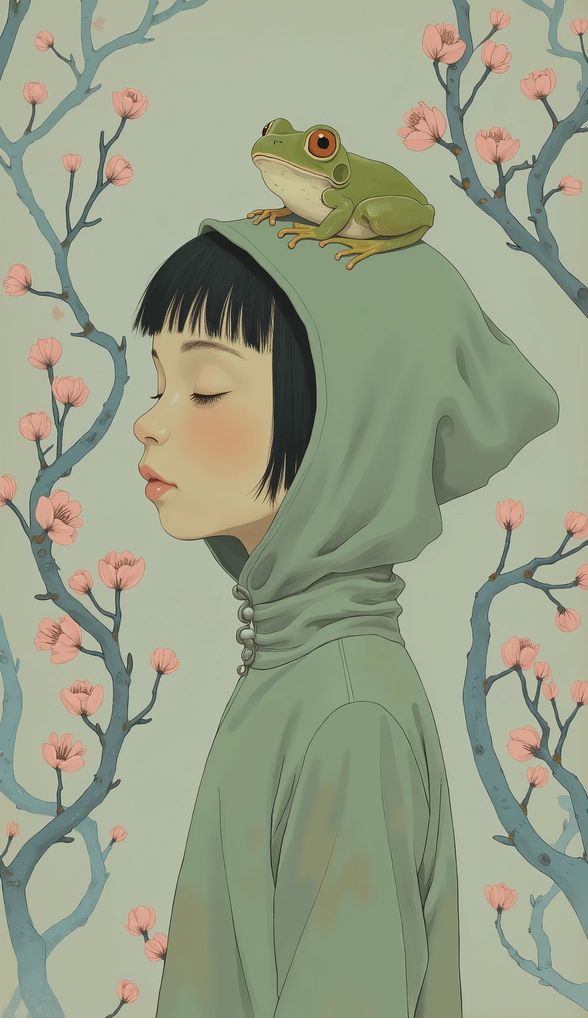 穏やかで気まぐれな肖像画には、若い少女の横顔が描かれています, 彼女の目は優しく閉じられた, 穏やかな, 内省的表現. 彼女は独特の若草色のフード付きの衣服を着ており、それが彼女のシルエットにシームレスに溶け込んでいます, 複雑な模様の美しいタペストリーで飾られています. 繊細なピンクの花が生地一面に咲き誇っています, 渦巻く青と白のデザインの中に散りばめられています, 優雅な動きと調和の感覚を呼び起こします. 衣服の質感は柔らかさを醸し出しています, なめらかな生地, 少女の滑らかな肌とのコントラストが, デリケートな肌, 彼女の優しい顔立ちを強調するために微妙な陰影が付けられています. 鳥のモチーフが巧みにデザインに組み込まれています, 雨蛙が彼女の頭頂部に止まっているように見えます,落ち着いたグレーの背景が瞑想的な雰囲気を高めています, 控えめな背景となり、芸術的なディテールと少女の静けさが輝きます. 全体的な構成は静かな優雅さと芸術的な繊細さを兼ね備えています.