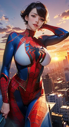 ((masterpiece, best quality, ultra-detailed, ultra-HD, photorealistic, cinematic)), (masterpiece:1.0), (best_quality:1.2), ((Full body photo)). Laura/woman/Chinese is standing, (Spider-Man/Ultraman hybrid costume with blue jewelry on the breastplate/extremely tight on the body/extremely exhibitionist:1.2)), wearing (red lipstick on the mouth:1.0), ull body view, facing the viewer, hand on hips, legs parted, confident stance, proud stance, smiling, posing. She has (very short blonde hair, slick:1.5) and (blue eyes:1.5), Mortal Kombat, anime, framed, symmetry, 16k, best quality, super detail, textured skin, UHD,  (chubby:1.2), (huge breasts:1.4),  (wide hips:1.3)