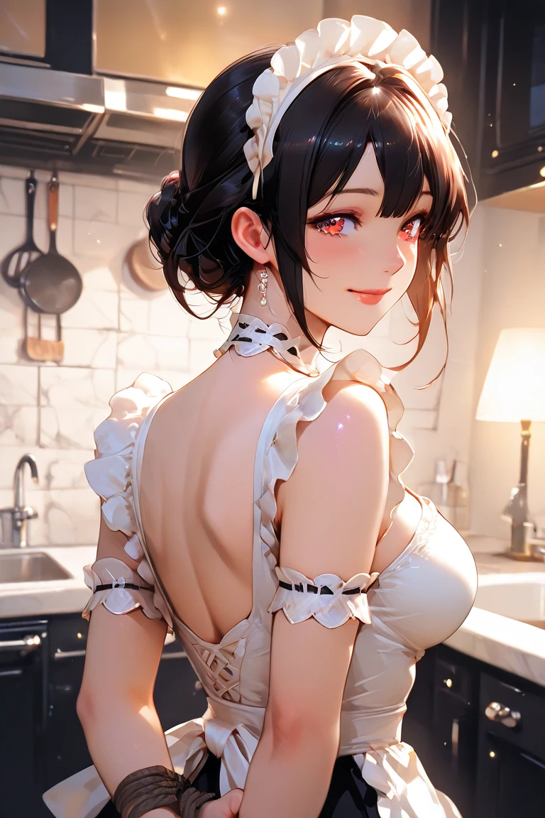 (1girl), Super beautiful detailed face, (Slightly open mouth, sexy look:1.1), (Beautiful breasts:1.3), (Slender body:1.2), (naked sheer lace apron:1.4), side breasts, (Fine face:1.2), accessories, earrings, conceptual art, High quality, Realistic, extremely detailed CG unified 8k wallpaper, highly detailed, High-definition raw color photos, professional photography, Realistic portrait, Cinematic Light, Beautiful detailed, high details, depth of fields, illumination, Super stylish lighting, face lighting, Luxurious dining kitchen, lots of fancy dishes,