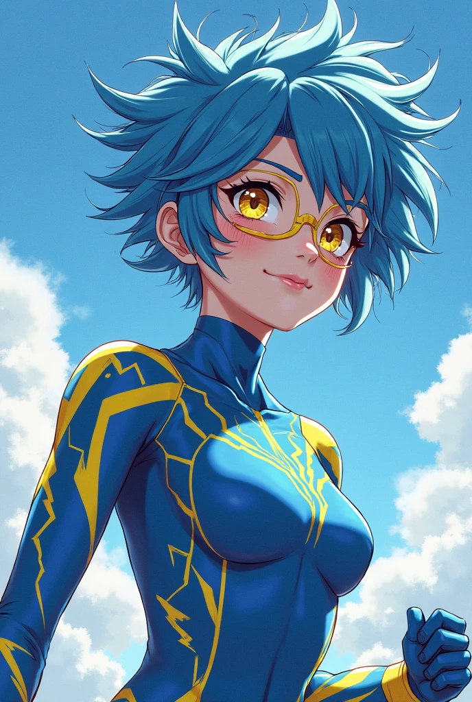 highest quality、Realistic、Women、zoom、Light blue eyes、maroon short hair、freckles、Hero Suit、Glossy white bodysuit、Blue and gold accents、slender、Dark Skin、Glasses、Rooftop、An inappropriate smile、Bust Shot、