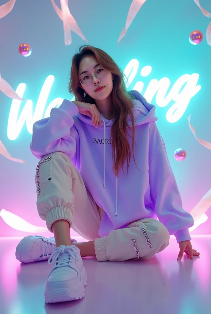 A Korean girl age 20years old long hair bright blue color , oversize switer shirt purple color inscribed ,,goddess,, on it , sunglasses , black short skirt white shoes , sitting on a black sofa white wall background new motif brick there is an inscription,, HOST,, on it warna biru neon,,