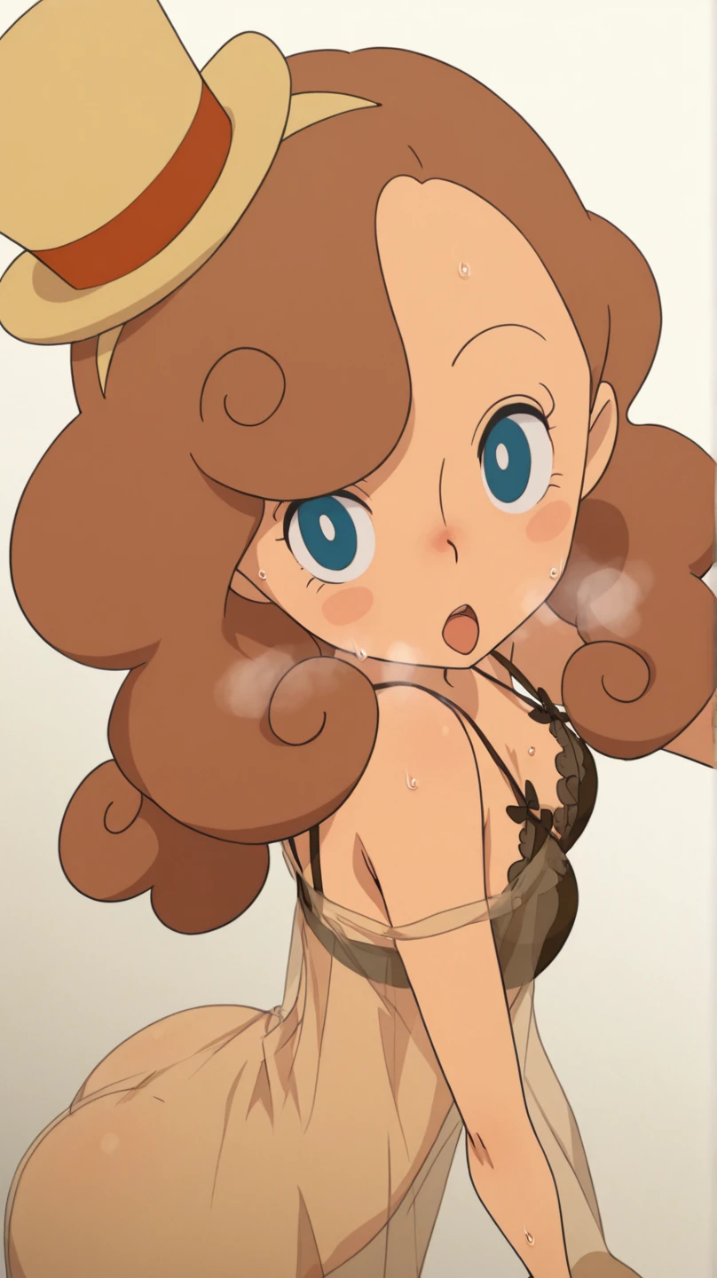 a sexy woman big breast cute beauty white long wavy curly hair her yellow eye dresses white corset bra white thread lace and a short white corset miniskirt pair of blue net socks black heel