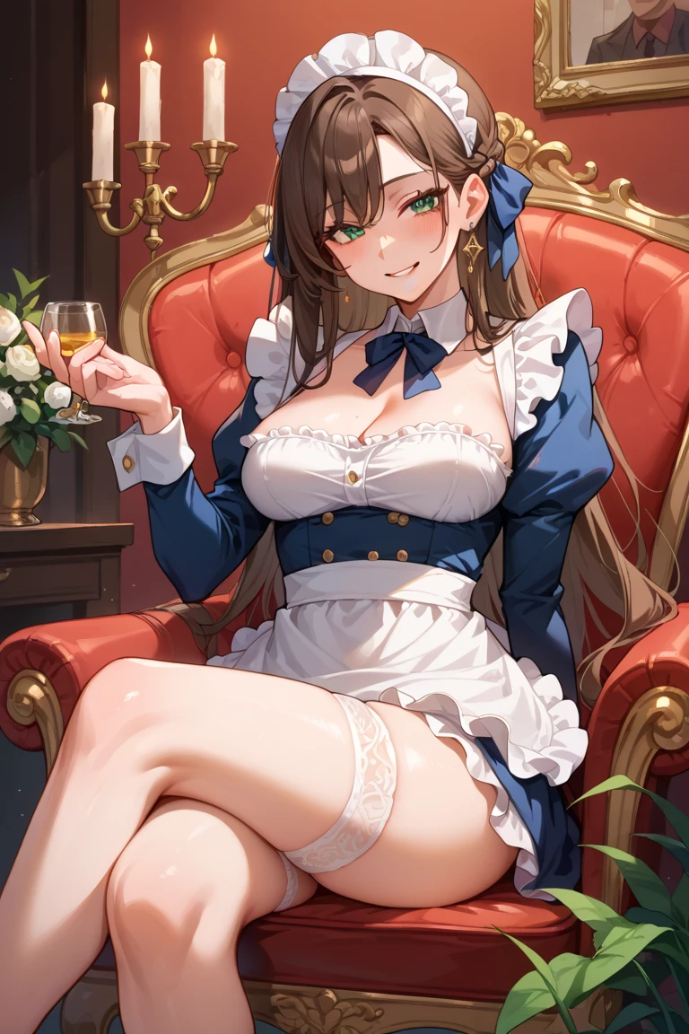 Lisa , genshin impact, 1girl, alcohol, alternate costume, armlet, bare shoulders, black background, black dress, black gloves, black thighhighs, breasts, cleavage, criss-cross halter, cup, dress, black pleated skirt, drinking glass, flower, gloves, car seat, inside car, sitting in car, hair between eyes, halterneck, holding, holding cup, jewelry, large breasts, long hair, looking at viewer, necklace, brown hair, red short nails, green eyes, see-through gloves, solo, thighhighs, thighs, very long hair, wine, wine glass, ((masterpiece)), blush, sexy pose,