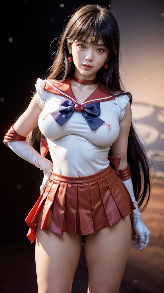 One girl,Long Hair,(Put your arms behind your back)Large Breasts、Narrow waist、Wide Hips (high quality,8k,Black Hair, Realistic, 最high quality,masterpiece,Super detailed, Absurd)1.5,((SAMA1, tiara, Sailor Warrior Uniform, White gloves, Red sailor collar, Red Skirt)),Night City,White gloves,Purple ribbon,Purple eyes, (Magical World,fire),High heels,slave、Chain、Hands tied behind back、