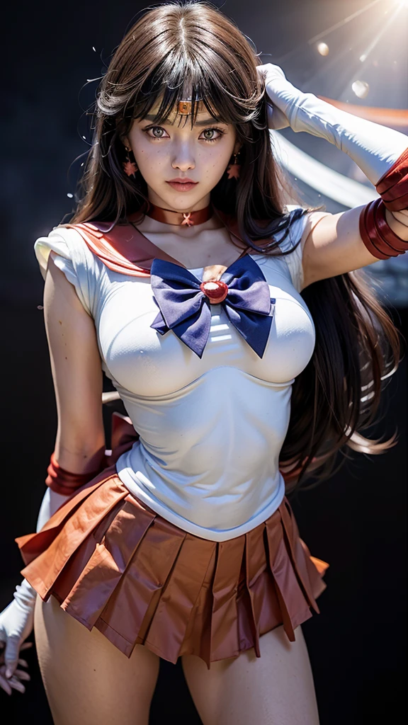 beautiful girl,Curvy,Beautiful breasts,Large Breasts,Whitening skin,(Pointed Chest),(Erect nipples),(Realistic:1.2,8k,Ultra HD,High resolution,highest quality,masterpiece,Sexy pose),(Thinning hair:1.8),(Straight hair:1.5),(Long, slicked bangs:1.5),(Very light coppery amber hair),(Dry skin)(Sailor Mars,Sailor Moon Costume,In a skirt),(Belly button),(Skyscraper rooftop,Night view,full moon),(View from below:1.5),(camel toe)