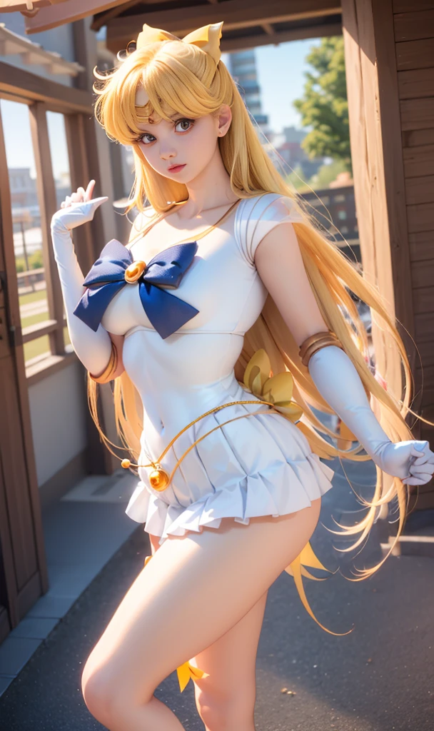 (Best Quality, Ultra High Resolution, Masterpiece, RAW Photo, Realism: 1.6), 16K, ((Sailor Moon Sailor Moon Costume: 3)) from Sailor Moon, (1girl with open navel), (huge: 2, thick thighs: 3), (blue miniskirt: 2, long white-blonde hair: 1.8, white stockings, mature smile), kneeling, white background
