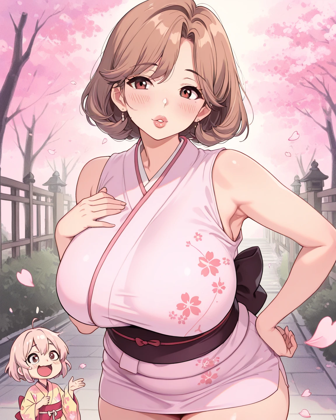 Tanuki Woman、body covered with fur、huge-breasted、kawaii、shrine maiden、Japan white clothes,Red Hakama、torii gate,summer day、From below、Wide Shot、raccoon dog