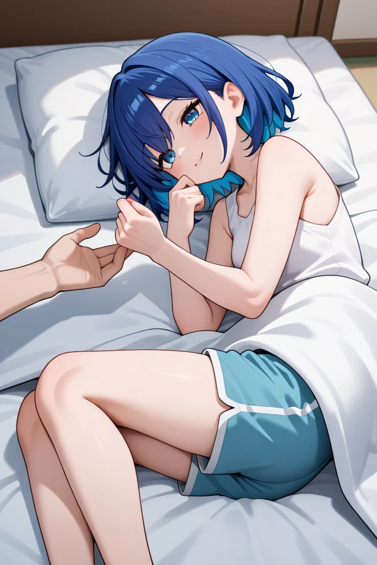 1 single 2d girl with short blue hair, with a black polo shirt and white skin color with her hands making a heart sign and sitting