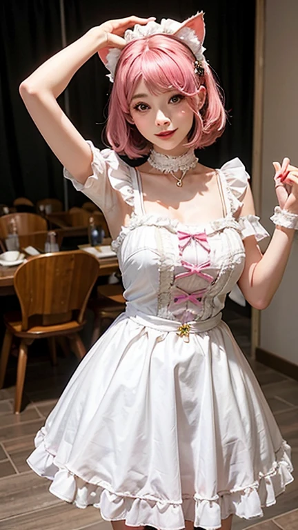 sperm, 1 girl, S○le○, looking at the viewer, short hair, ○Nib, Thighhighs, glove, have, dress, b○w, hold, animal ears, pink hair, flower, shirt sleeves, heart, hair band, frills, plump sleeves, index, dull bangs, pink eyes, rabbit ears, :○, puffy shirt sleeves, fake animal ears, stuffed toy, table, stuffed toy, Fishnet tights, clock, t○p have, card, ball○○n, checkered florida, playing card, p○cket clock