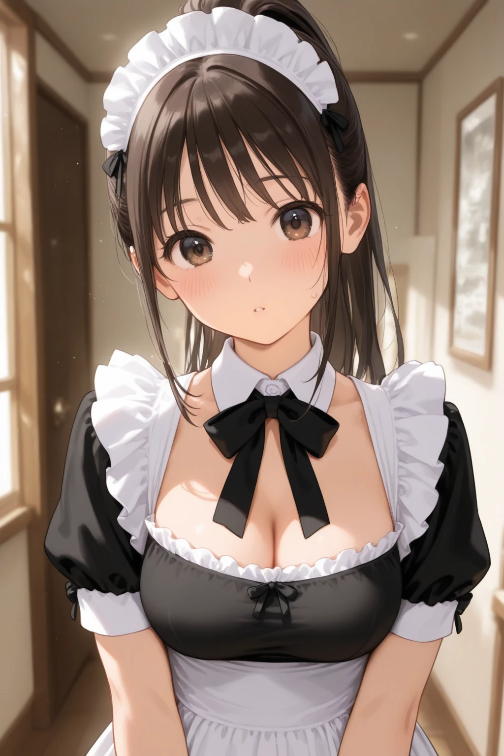 (Night:1.7), Japan, Tokyo, CityView, Before Window,
Standing at attention,
maid, maid headdress, maid apron, maid_Dress,
brown_eyes,brown_hair,braid,
1 girl, 20yo,mature female,Beautiful Finger,Beautiful long legs,Beautiful body,Beautiful Nose,Beautiful character design, perfect eyes, perfect face,
looking at viewer, Light_Smile,
NSFW,official art,extremely detailed CG unity 8k wallpaper, perfect lighting,Colorful, Bright_Front_face_Lighting,
(masterpiece:1.0),(best_quality:1.0), ultra high res,4K,ultra-detailed,
photography, 8K, HDR, highres, absurdres:1.2, Kodak portra 400, film grain, blurry background, bokeh:1.2, lens flare, (vibrant_color:1.2)
(Beautiful,large_Breasts:1.4), (beautiful_face:1.5),(narrow_waist),