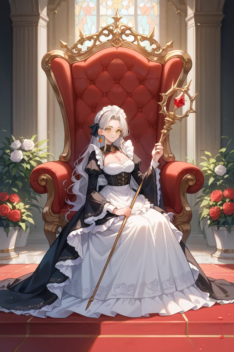 <lora:MadolcheQueenTiaramisu-06:0.9>, (extremely detailed:1.1),(highly detailed:1.1),(best quality:1.1),(masterpiece:1.1),  QueenTiaramisu, 1girl, solo, heart-shaped pupils, purple eyes, cleavage, duel monster, jewelry, grey hair, hair ornaments, dress, choker, bracelet, puffy sleeves, puffy short sleeves, crown, brown dress, cape, high heels, indoors, throne, sitting , holding, scepter, (holding scepter), <lyco:GoodHands-beta2 (1):1.0>, nice hands, perfect hands