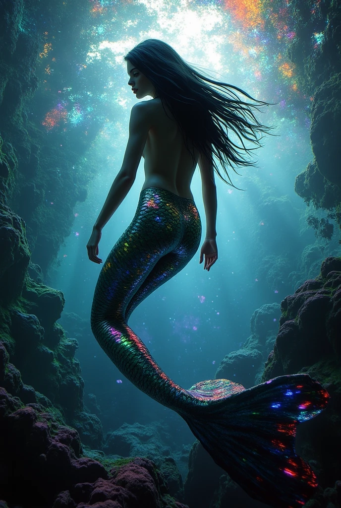 Mermaid with dark skin and black hair, with a very detailed tail with nuances of blue green and lilac and more realistic features