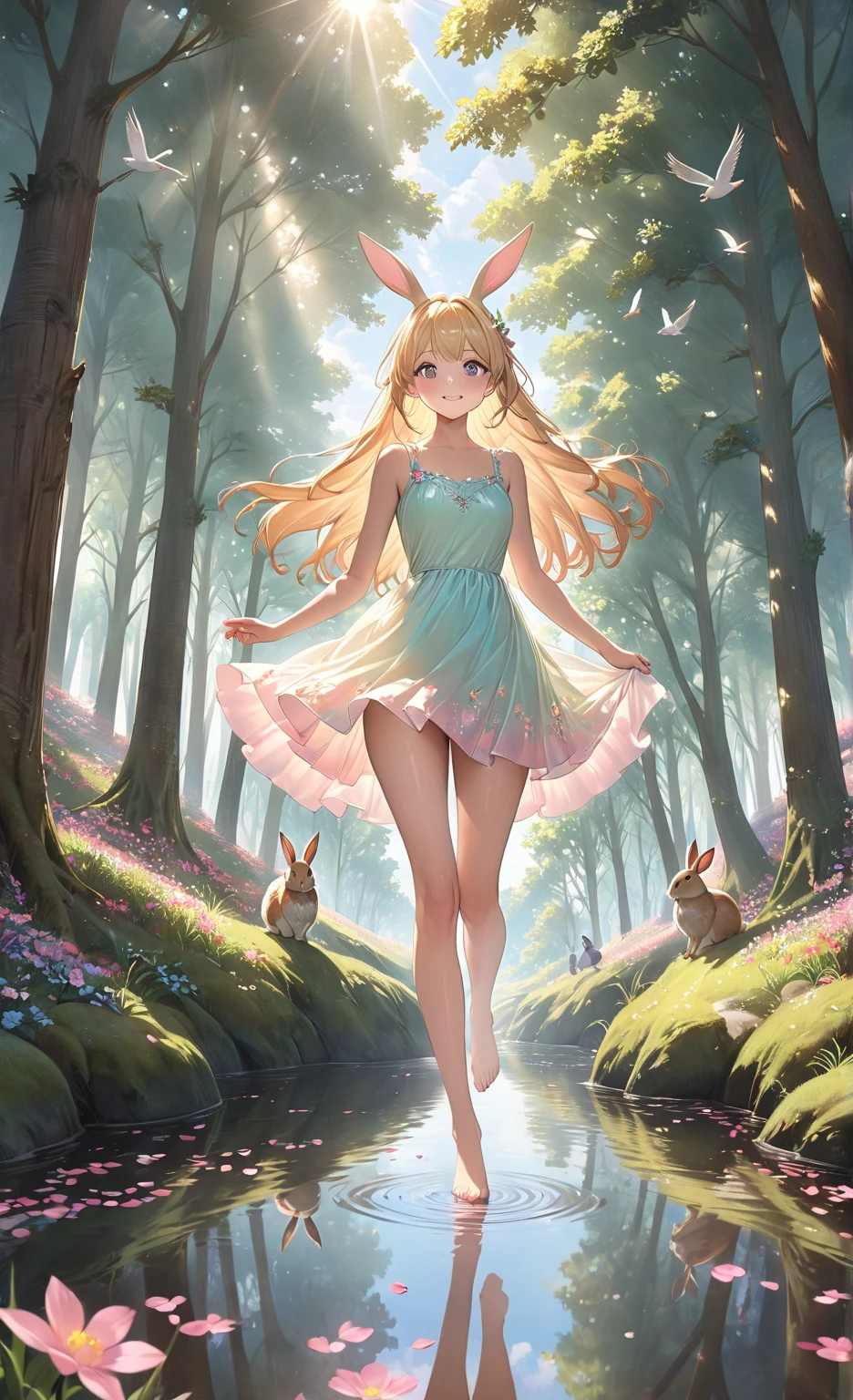 1girl, cute, teen, slender, round face shape with angular jaw, blonde with bangs, grey eyes, topless, picking wet pink colorful mushrooms in a celestial forest, sunshine, stripe socks, pink skirt, hhorny touch, windy