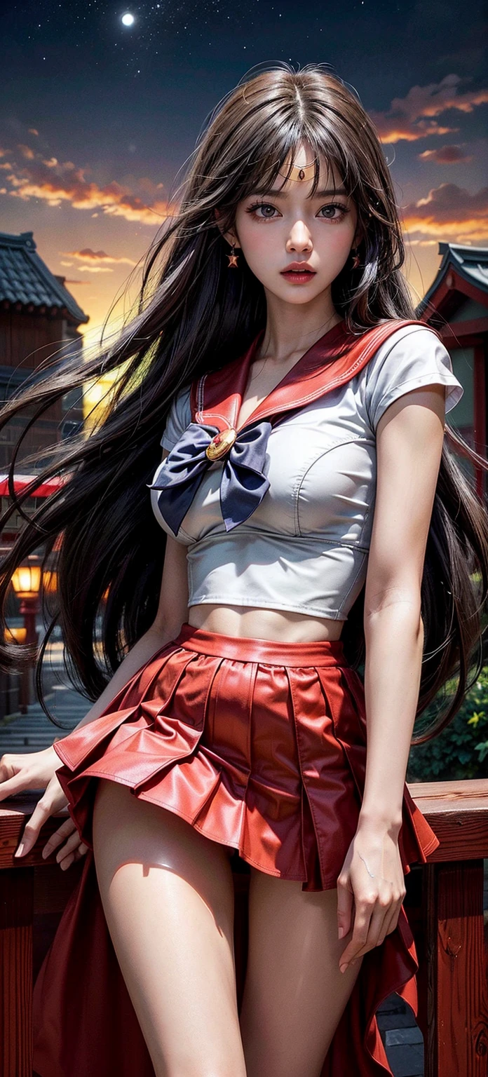 A fire-rei that matches the original painting of Sailor Moon, delicate face, purple bow, sailor Mars fireno-rei, full body, Japanese sailor suit, white V-neck top, high-waisted red short skirt, skirt covering the butt, flesh-colored oily stockings to the waist, white combat gloves, warrior costume, short top, , gold trim, star brooch, front split design, red bow on head, combat gloves, white high boots, shin guards with flame pattern, belt detail, high-quality texture, bright colors, original manga character setting, small man's waist ,, Golden Ratio, Tall Long Legs, Vivid Expression, Charming Eyes, Delicate and Soft Skin, Long Black Hair, Dynamic Hairstyle, Smoky Makeup, Colorful Background, Shining Starry Sky, Gorgeous Cityscape with Rich Colors, HD Details, Exquisite Rendering, Stereoscopic, Realistic Image, Use of Light and Shadow, Watery Big Eyes, (Blade Eyebrows: 0.1), (High Nose Bridge: 0.6), (smile: 0.6), long red hair, (big breasts: 1.1), red eyes, sexy, (big buttocks), sheer cardigan, slim, (masterpiece: 1.2, superb), realistic, skinny, 22 years old, (real shot, fine crafted, depth of field), (1girl, solo), makeup, noble, elegant, blush, dignified, proud, confident, (fair and shiny skin), mature, (thin), (big ass: 1.3), bonny, (small mouth), black super long hair, wet body, red bow on clothes, gold headwear, ultra HD, 8k, best light and shadow, best shadow, depth of field, lots of colored bubbles, elevation view, long leg visual effect, (extended leg: 1.2), perspective enhancement, kicking action, fire special effects, seaside, sunny day, water ripple refraction, character standing in the dojo