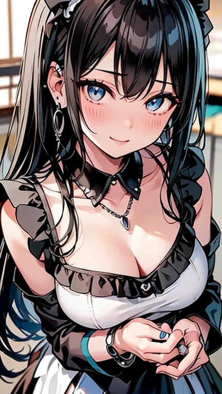 best quality, masterpiece, highres, solo, {mayuzumi_fuyuko_theidolmstershinycolors:1.15}, black_hair, bangs, long_hair, blush, brown_eyes, blunt_bangs, breasts, two_side_up, smile, ribbon, medium_breasts