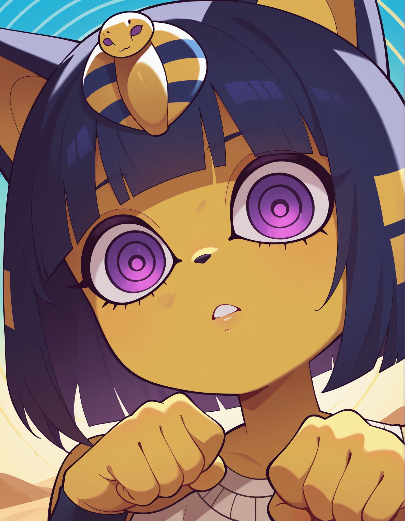 fl1phrrr5tyl3,, depth of field, 1girl, furry, ankha \(animal crossing\), expressionless, eye reflection, yellow background, yellow theme, blue background, desert, spiral eyes, purple eyes, glowing eyes, wide-eyed, paw pose, looking at viewer, close-up, parted lips,
