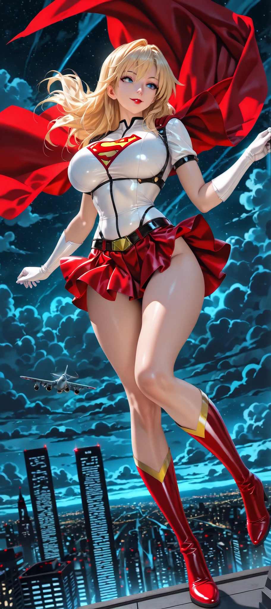 tmasterpiece，（Full body like:1.1），Busty woman，Beautiful and charming Chinese woman face，Superman bikini uniform，white stockings，High-heeled leather shoes， 1female，Thin waist，long leges，nakeness，Raised sexy，Bigchest，Bare breasts，Bare lower body，with no underpants，long and flowing hair，（Background with：mostly cloudy sky，at winter season，Snow on the ground，military base），Lewd expression，Flushed complexion
