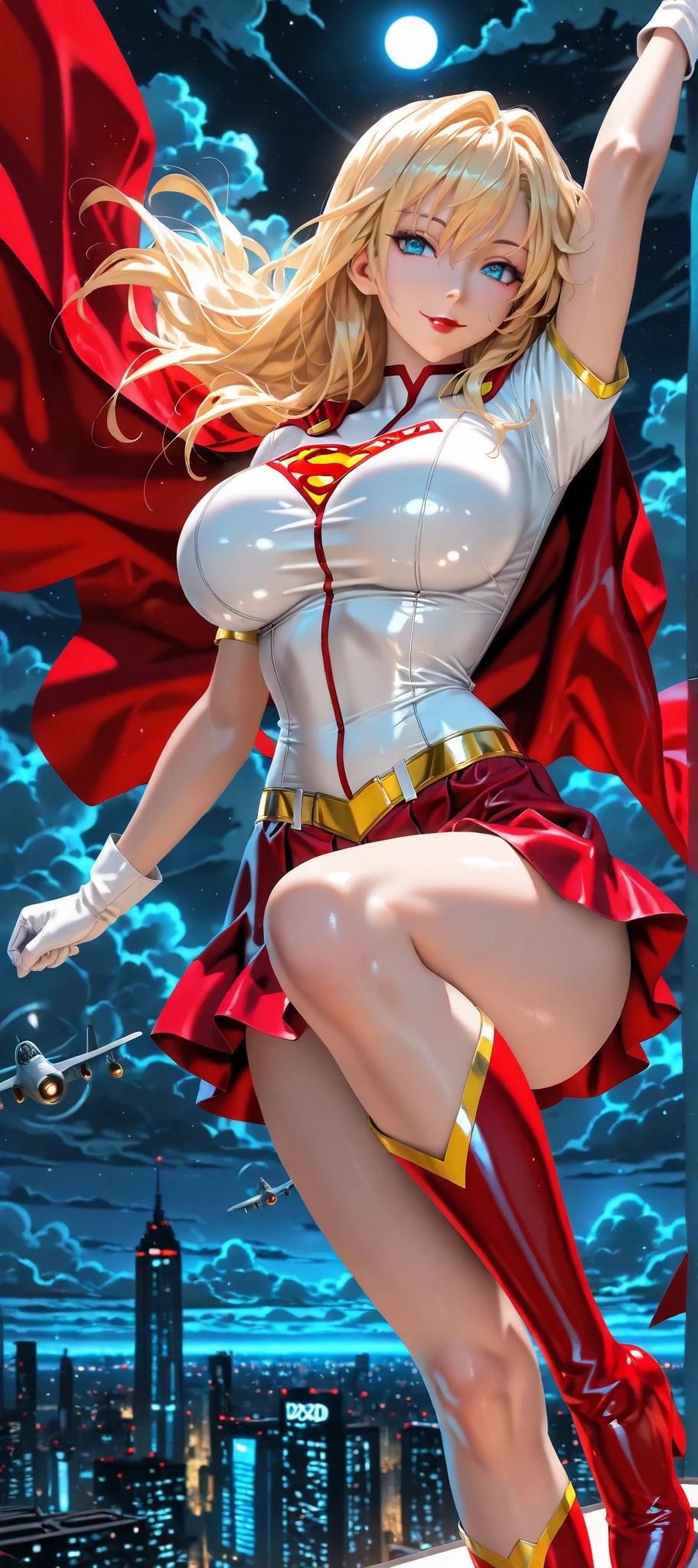Mulher bonita cabelo branco longo, corpo definido seios grandes, (((vestindo cosplay de Supergirl)))