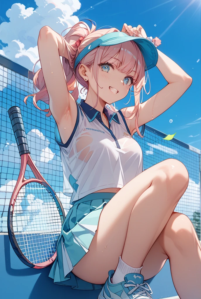 absurdres, highres, BREAK looking at viewer, full body, (from below:1.5) BREAK (vivid-color:1.3) BREAK (one girl:1.3), (loli:1.2),red hair, blue eyes, tennis uniform, hairclip, earrings, jewelry, nm1, hair ribbon, short hair, tennis cosplay, (pleated super short skirt:1.4), (thighs:1.3), large breasts, (grin, great laughter:1.3), open mouth, (folding one's arms:1.3), (breast:1.3), round eyes, (blowing in the wind:0.5), sweat around girl, dripping sweat, (((Very pretty panties))), (sit on a bench:1.3), (bare feet:1.3), (foot focas:1.2),(two feet:1.3), crossed legs, looking down,looking at viewer, perfect foot,(emphasis on the soles of the feet1.3), from below ceiling, breath, pov, (shiny skin:1.1), squall (wind:1.2), sense of speed, refreshing breeze, motion blur effect, wind BREAK background is (tennis court:1.3), (Stand in the center of the screen:1.3), (10,000 people spectators:1.3), multiple people behind you, blue sky with clouds, outdoors, (magnificent panorama view:1.2), wind BREAK sunlight, magnificent view, rainbow in the sky, light particles, dynamic angle, dutch angle, perspective BREAK (daytime, sunbeam:1.2), depth of field, bokeh, light leaks, (chromatic aberration:1.2), noon BREAK