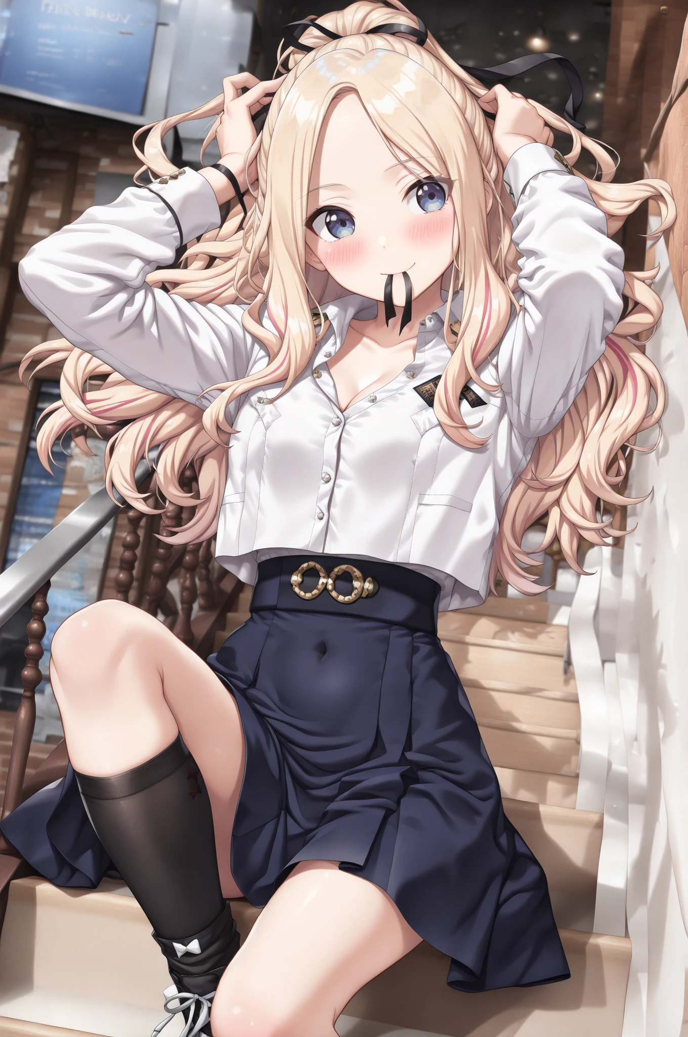 (masterpiece、Highest quality、Very detailed))、One girl、((Brown skin:1.3))、Blonde、Long Hair、blunt bangs、Wavy Hair、Grey Eyes、evil smile、((lots of piercing))、((Small breasts))、((Collared shirt))、A bow tie、((light brown sweater vest))、((Black pleated skirt))、((micro kirt lift))、((leopard print panties))、Shoot from below、Cowboy Shot、Classroom Background