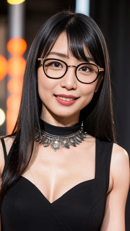 Japanese , 15year old, face perfect, very beautiful face, glasses, beautiful smile, sexy black dress, with red background 