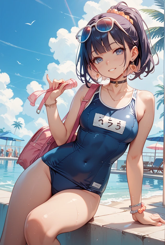 Tazune rirei, nsfw, 8k, ultra-detailed, Masterpiece, best quality, perfect lighting, aqua eyes, one eye closed, black hair, braid hair, (loli:1.5), (bukkake:1.5), (cum on face:1.5), (cum on hair:1.5), (cum in mouth:1.5), (cum on body:1.5), (flat chest:1.3), nipple peek, pink areola, 1girl, solo, sunny summer day, simple square pool, sitting on the poolside, looking at viewer, spoken heart, ((school swimsuit)), barefoot, portrait, bokeh, blush, embarrassed