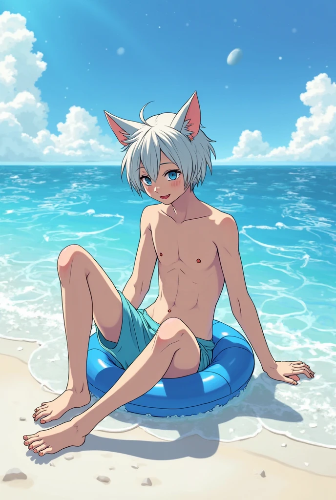 Young male white cat wearing white diaper, Swimming, An anime drawing by Puru, pixiv, furry art, sfw version, UHD, masterpiece, anatomically correct, textured skin, super detail, high details, high quality, best quality, highres, 8k
