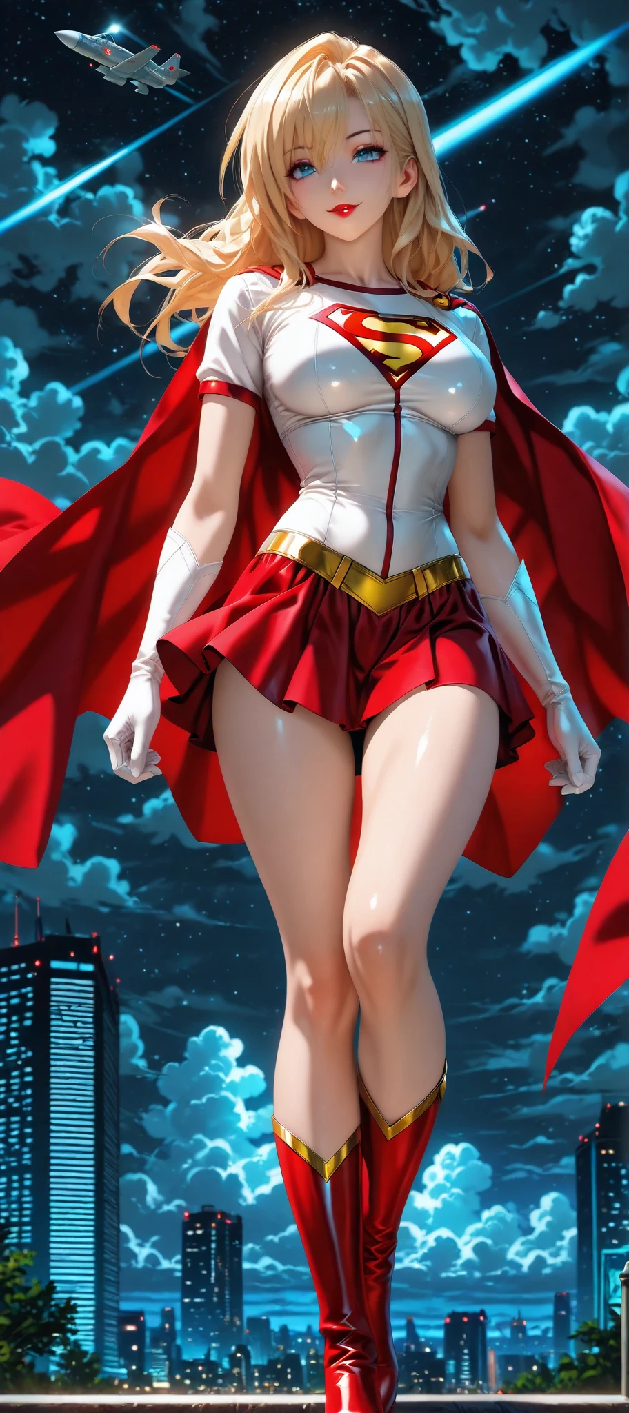 Two girls. Masterpiece. Two busty babes. Gloomy city, night, dim lights, under pouring rain, soaking wet. On skyscrapers roof tops, two hugely busty babes are undressing in front of each other, unveiling their huge breasts. First, Supergirl in her signature blue and red outfit, with logo on chest and a red cape. Second, Power Girl in her signature white outfit with a cutout on the chest, red cape attached on left side of outfit. Two girls together. Girl power. Girl passionate love. HD. High quality.