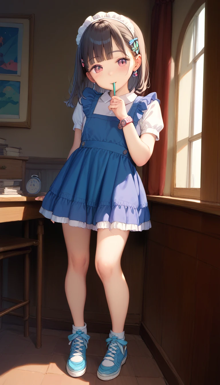 high-definition image, (((round face))), eyes realistic sizing, realistic skin, (drooping eyes), smiling, ((various patterned feminine casual long dress)), crouching and spread legs, ((slut, touching crotch, self pleasure, (((panties with opened crotch, she has pubic hair))), (strong sunlight, old fashion), skyscrapers, bag, hair up, 