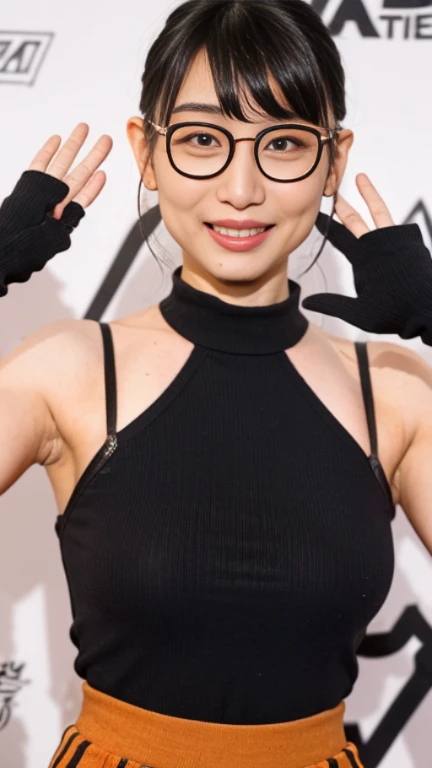 Light background、Japanese women, 青いturtleneck,sleeveless sweater、 (((masterpiece))), ((Highest quality)), ((Intricate details)), (((Ultra-Realistic)), irrational solution, The Law of Perspective, Very detailed, Realistic, 1 girl, ((Big Breasts)), Perfect hands, Finger details, Beautiful and beautiful eyes, short hair, Brown eyes,(turtleneck:1.2), Tight Skirt, Detailed Background, choker, Perfect Eyes, Captivating eyes, Looking at the audience, from the front,smile,Rimless glasses,Earrings,Beautiful moisturized lips