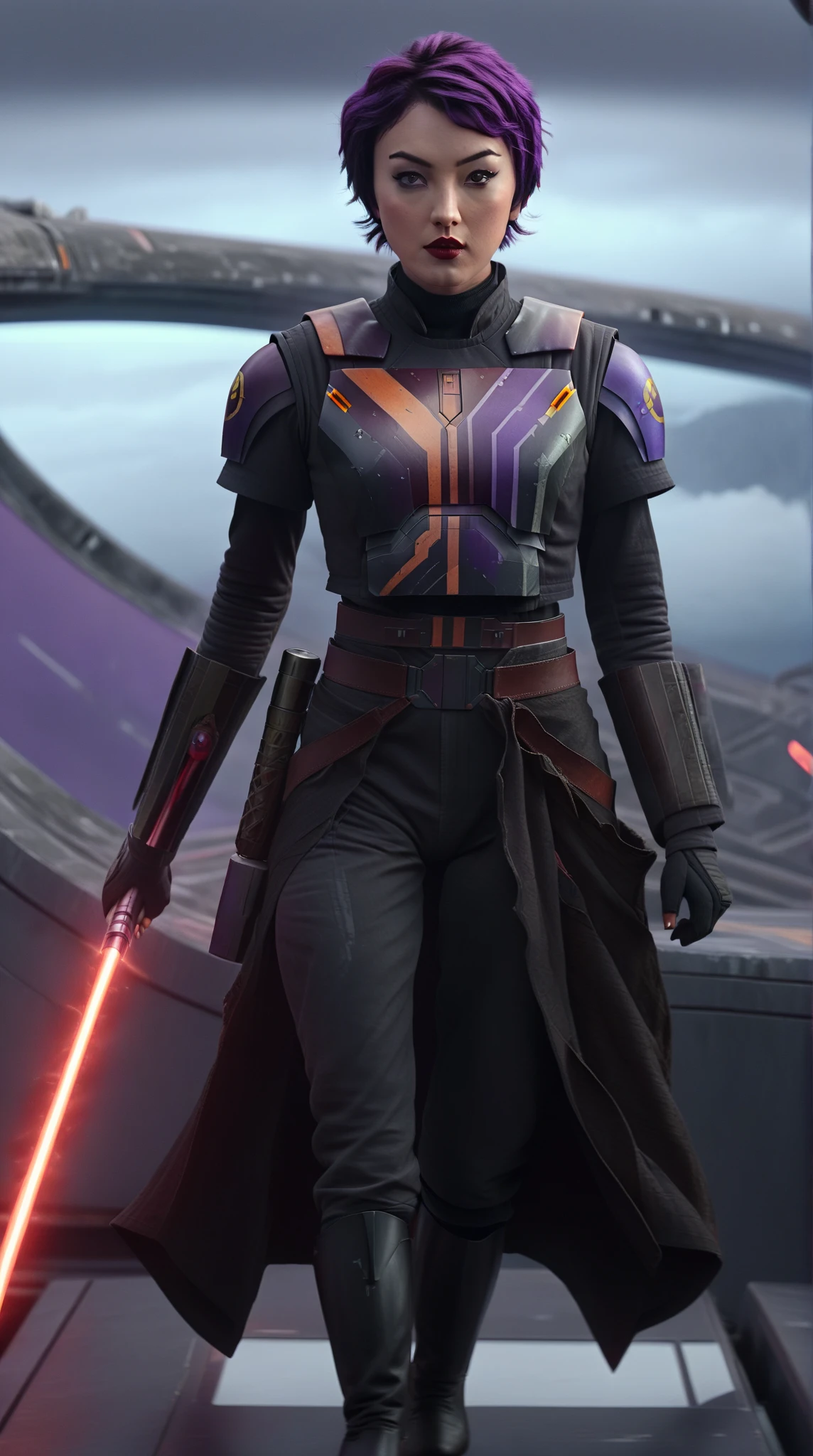 masterpiece, high quality, sharp focus, upper body portrait of a female sith inquisitor, white hair, black imperial outfit, admiral uniform with black capes, glowing yellow sith eyes, star wars, perfect jawline, textured skin, beautiful lips, purple lighting, sci-fi scene, evil atmosphere, evil vibe, 8k, uhd, absurdres